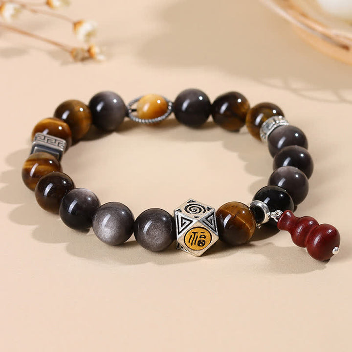Buddha Stones Bransoletka z tykwy z obsydianu o srebrnym połysku i uziemieniu Fu - image 1