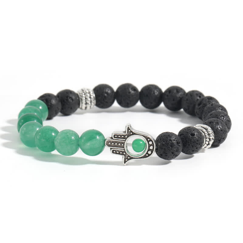 Buddha Stones Ręcznie wykonana okrągła bransoletka z ochroną dłoni Hamsa z lawy wulkanicznej - Zielony awenturyn i skała lawowa - image 12