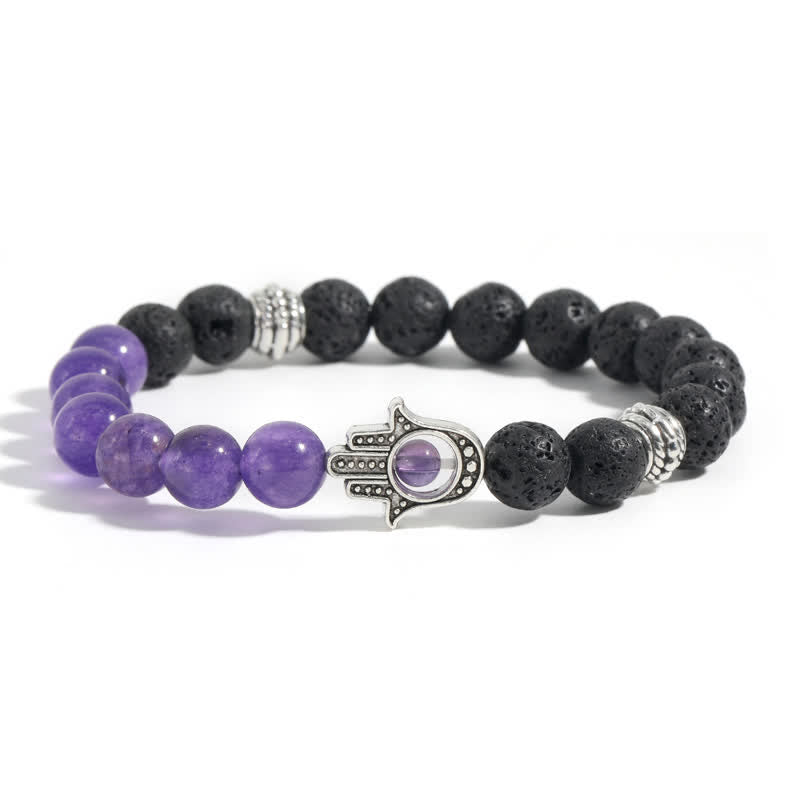 Buddha Stones Ręcznie wykonana okrągła bransoletka z ochroną dłoni Hamsa z lawy wulkanicznej - Fioletowy chalcedon i skała lawowa - image 9