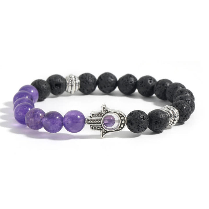 Buddha Stones Ręcznie wykonana okrągła bransoletka z ochroną dłoni Hamsa z lawy wulkanicznej - Fioletowy chalcedon i skała lawowa - image 9