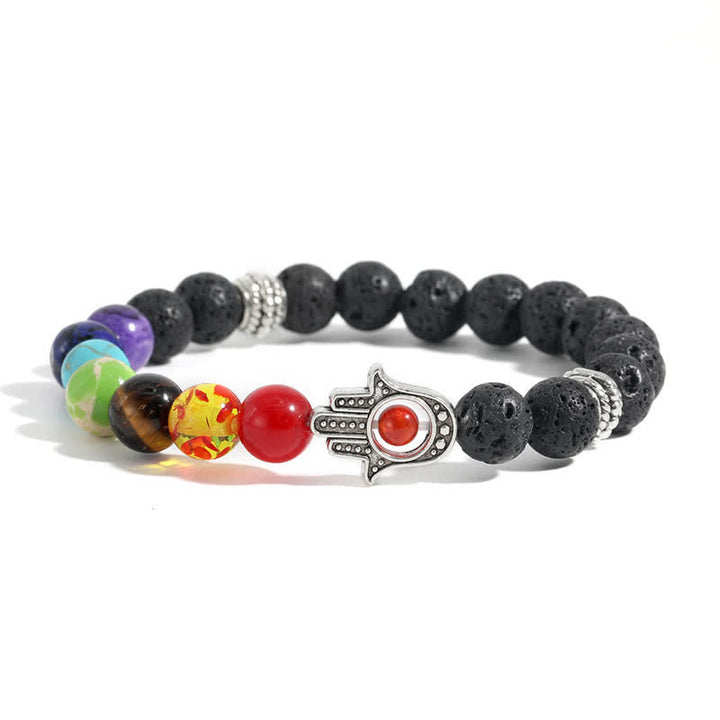 Buddha Stones Ręcznie wykonana okrągła bransoletka z ochroną dłoni Hamsa z lawy wulkanicznej - Wielokolorowy kamień i skała lawowa - image 7