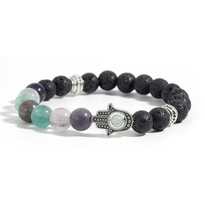 Buddha Stones Ręcznie wykonana okrągła bransoletka z ochroną dłoni Hamsa z lawy wulkanicznej - Naturalny fluoryt i skała lawowa - image 3
