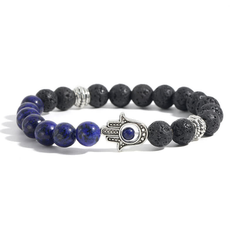 Buddha Stones Ręcznie wykonana okrągła bransoletka z ochroną dłoni Hamsa z lawy wulkanicznej - Imitacja lapisu i skały lawowej - image 13