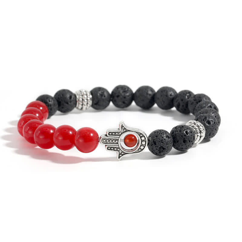 Buddha Stones Ręcznie wykonana okrągła bransoletka z ochroną dłoni Hamsa z lawy wulkanicznej - Czerwony agat i skała lawowa - image 8