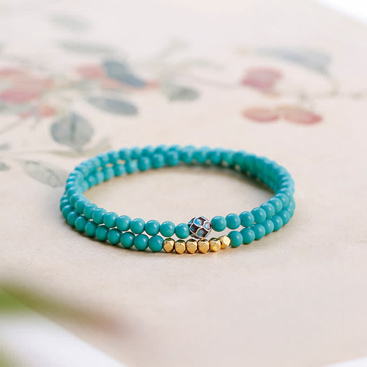 Buddha Stones Bransoletka z turkusowymi koralikami, ręcznie robiona, z podwójnym owinięciem i fasetowanymi koralikami - Turkusowy (Ochrona ♥ Komunikacja) - image 0
