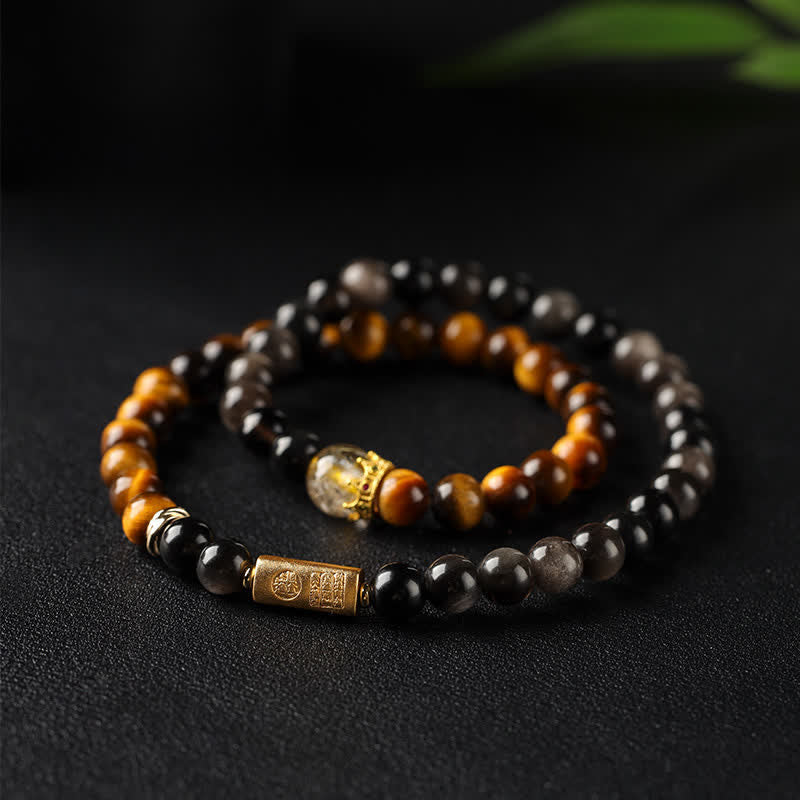 Buddha Stones Bransoletka z obsydianu tygrysiego oka z połyskiem srebra, ręcznie tkana, podwójnie owijana - Tygrysie Oko (Ochrona ♥ Siła) - image 0