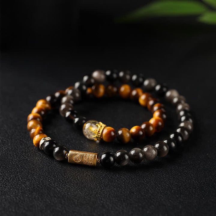 Buddha Stones Bransoletka z obsydianu tygrysiego oka z połyskiem srebra, ręcznie tkana, podwójnie owijana - Tygrysie Oko (Ochrona ♥ Siła) - image 0