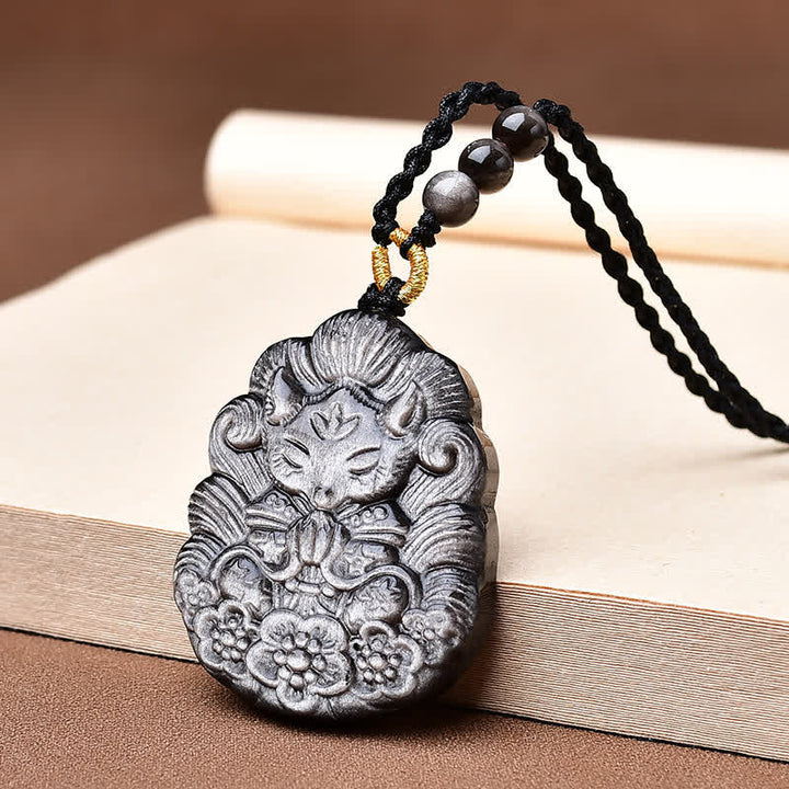 Buddha Stones Naszyjnik z obramowaniem z czarnego obsydianu, ręcznie rzeźbiony, chroniący przed dziewięcioogoniastym lisem - Czarny obsydian (oczyszczanie ♥ siła) - image 0