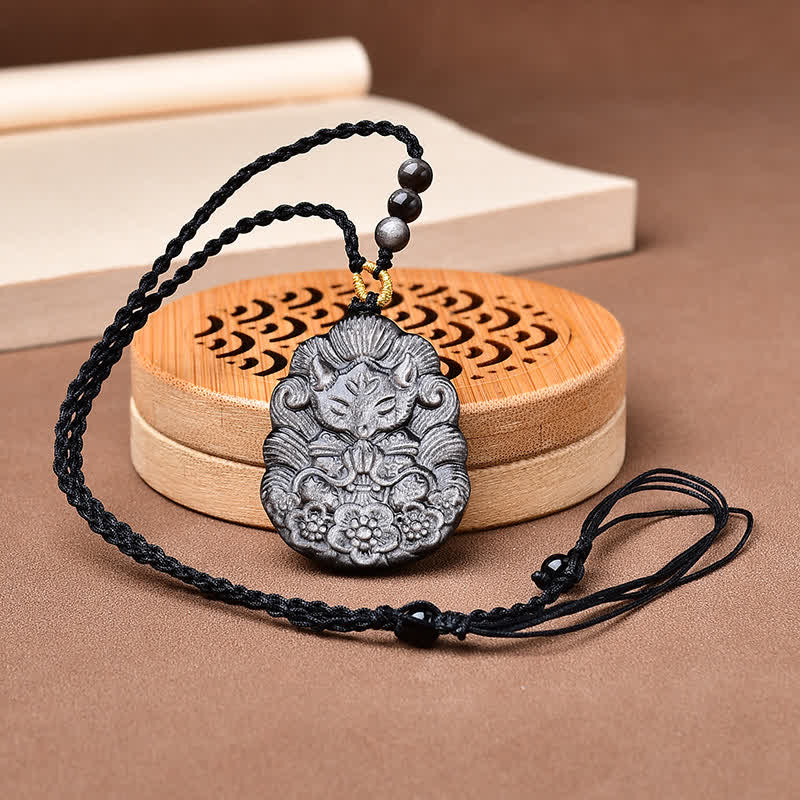 Buddha Stones Naszyjnik z obramowaniem z czarnego obsydianu, ręcznie rzeźbiony, chroniący przed dziewięcioogoniastym lisem - image 1