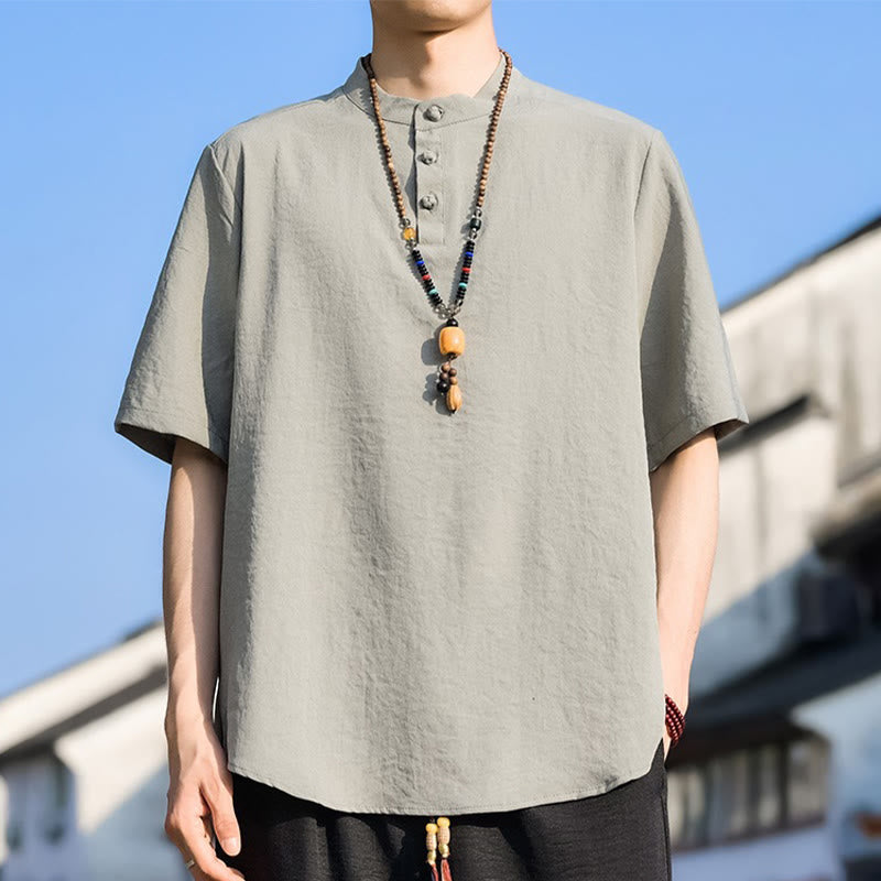 Buddha Stones Letnie, swobodne koszule męskie z krótkim rękawem i kołnierzykiem typu stójka, trzy guziki, z grubej bawełny - OldLace - US/UK/AU48, EU58 (5XL) - image 0