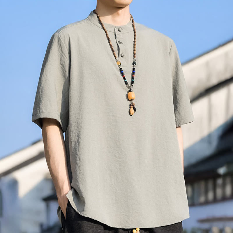 Buddha Stones Letnie, swobodne koszule męskie z krótkim rękawem i kołnierzykiem typu stójka, trzy guziki, z grubej bawełny - image 1
