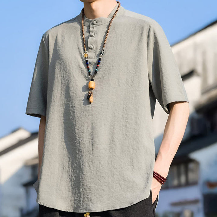 Buddha Stones Letnie, swobodne koszule męskie z krótkim rękawem i kołnierzykiem typu stójka, trzy guziki, z grubej bawełny - image 5