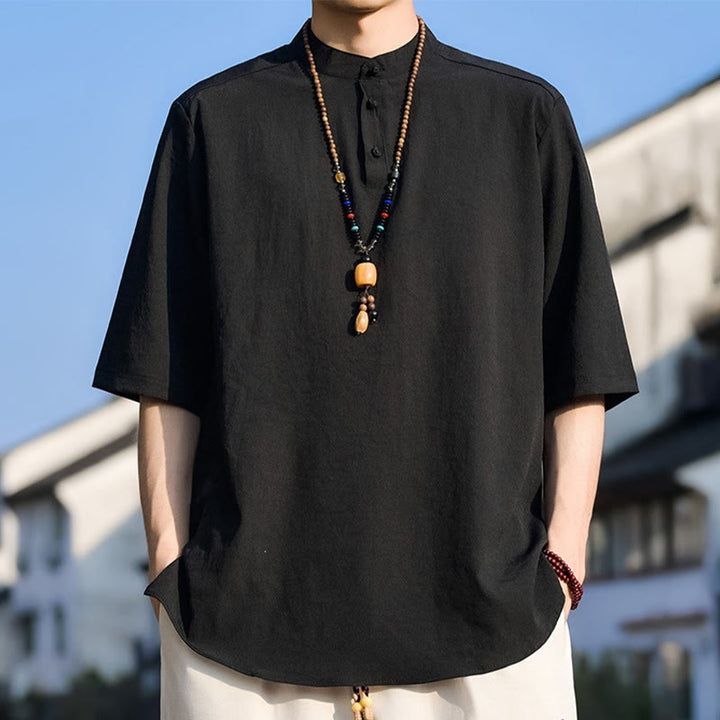 Buddha Stones Letnie, swobodne koszule męskie z krótkim rękawem i kołnierzykiem typu stójka, trzy guziki, z grubej bawełny - Czarny - US/UK/AU48, EU58 (5XL) - image 6