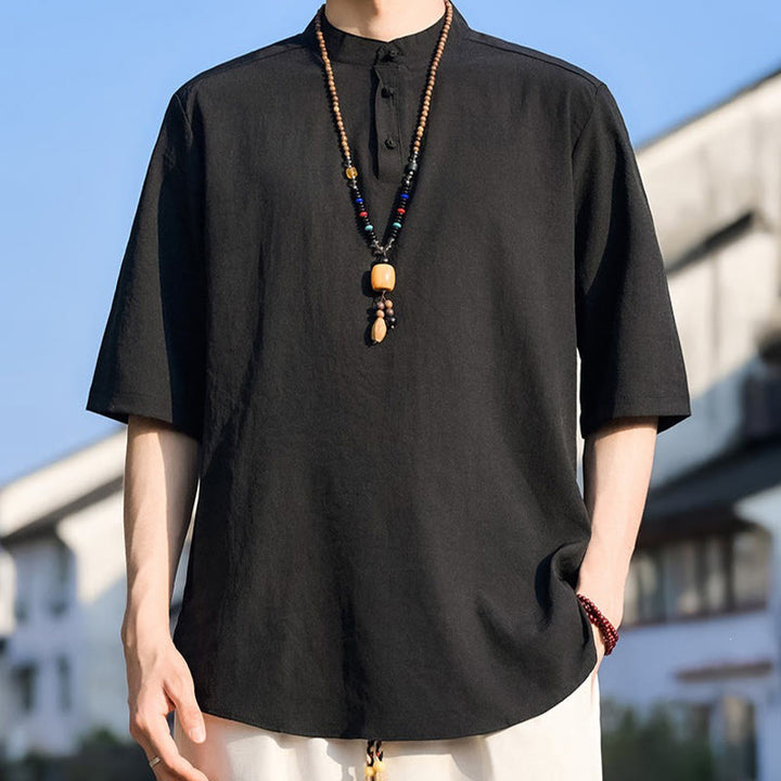 Buddha Stones Letnie, swobodne koszule męskie z krótkim rękawem i kołnierzykiem typu stójka, trzy guziki, z grubej bawełny - image 13