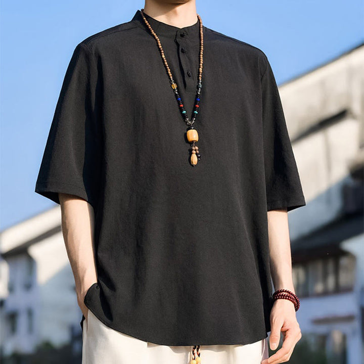 Buddha Stones Letnie, swobodne koszule męskie z krótkim rękawem i kołnierzykiem typu stójka, trzy guziki, z grubej bawełny - image 12
