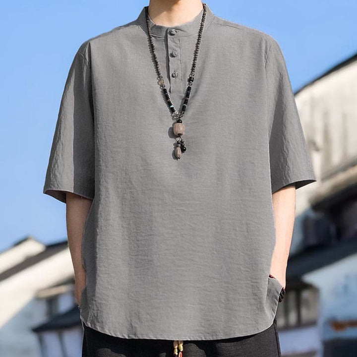 Buddha Stones Letnie, swobodne koszule męskie z krótkim rękawem i kołnierzykiem typu stójka, trzy guziki, z grubej bawełny - image 19