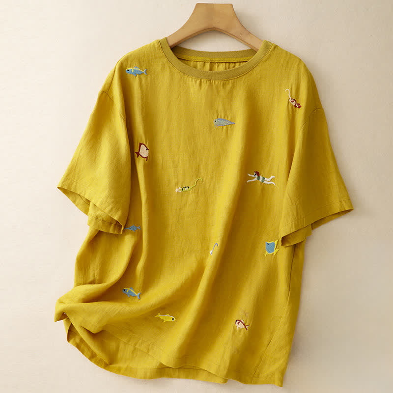 Buddha Stones Letnie, swobodne, damskie koszulki z krótkim rękawem z haftowanym motywem ryby - Nawłoć - US12, UK/AU16, EU44 (2XL) - image 0