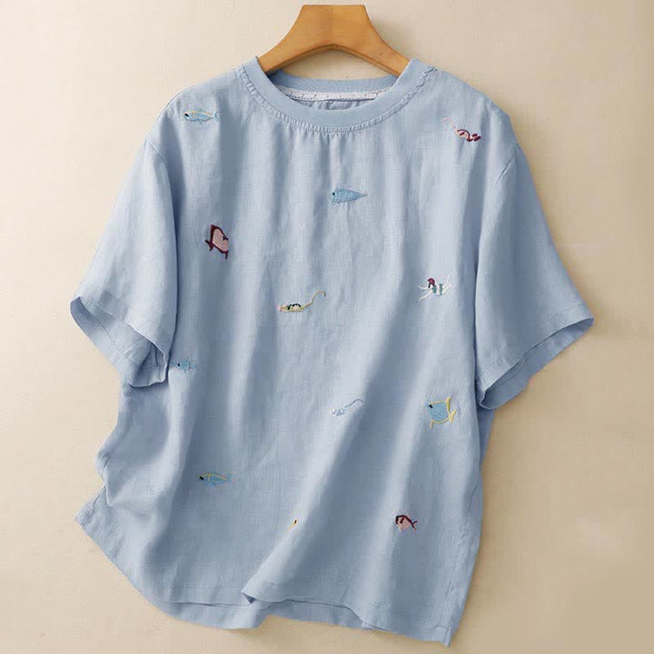 Buddha Stones Letnie, swobodne, damskie koszulki z krótkim rękawem z haftowanym motywem ryby - LightSkyBlue - US12, UK/AU16, EU44 (2XL) - image 10