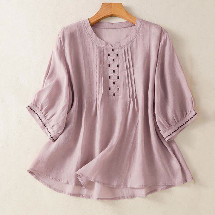 Buddha Stones Letnie, swobodne, damskie koszulki z krótkim rękawem, z haftem i plisowanym przodem - Oset - US12, UK/AU16, EU44 (2XL) - image 8