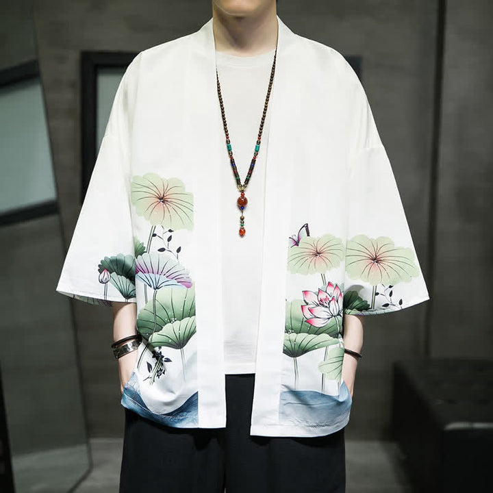 Buddha Stones Letnie, swobodne kimono męskie z nadrukiem w liście lotosu i motyle z motywem żurawia, z otwartym przodem - image 4