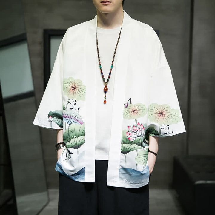 Buddha Stones Letnie, swobodne kimono męskie z nadrukiem w liście lotosu i motyle z motywem żurawia, z otwartym przodem - Biały - US/UK/AU46， EU56 (5XL) - image 0