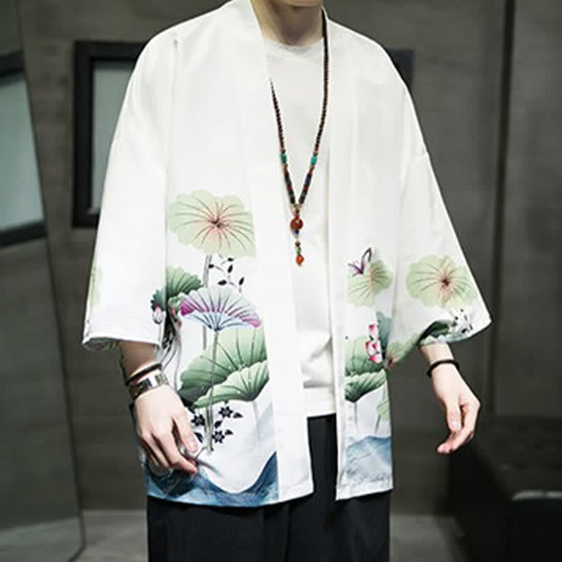 Buddha Stones Letnie, swobodne kimono męskie z nadrukiem w liście lotosu i motyle z motywem żurawia, z otwartym przodem - image 2
