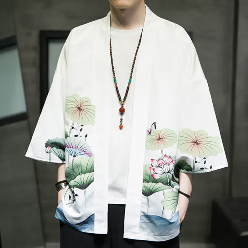 Buddha Stones Letnie, swobodne kimono męskie z nadrukiem w liście lotosu i motyle z motywem żurawia, z otwartym przodem - image 1