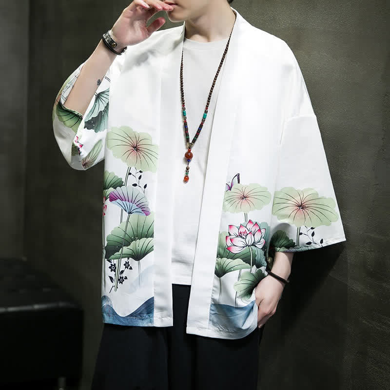 Buddha Stones Letnie, swobodne kimono męskie z nadrukiem w liście lotosu i motyle z motywem żurawia, z otwartym przodem - image 5