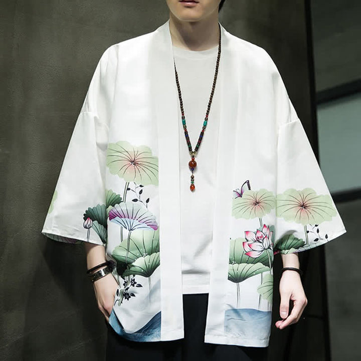 Buddha Stones Letnie, swobodne kimono męskie z nadrukiem w liście lotosu i motyle z motywem żurawia, z otwartym przodem - image 11