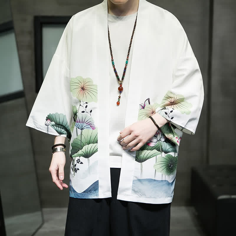 Buddha Stones Letnie, swobodne kimono męskie z nadrukiem w liście lotosu i motyle z motywem żurawia, z otwartym przodem - image 8