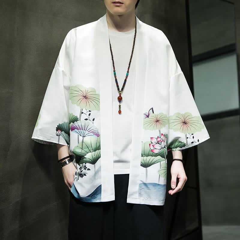 Buddha Stones Letnie, swobodne kimono męskie z nadrukiem w liście lotosu i motyle z motywem żurawia, z otwartym przodem - image 7