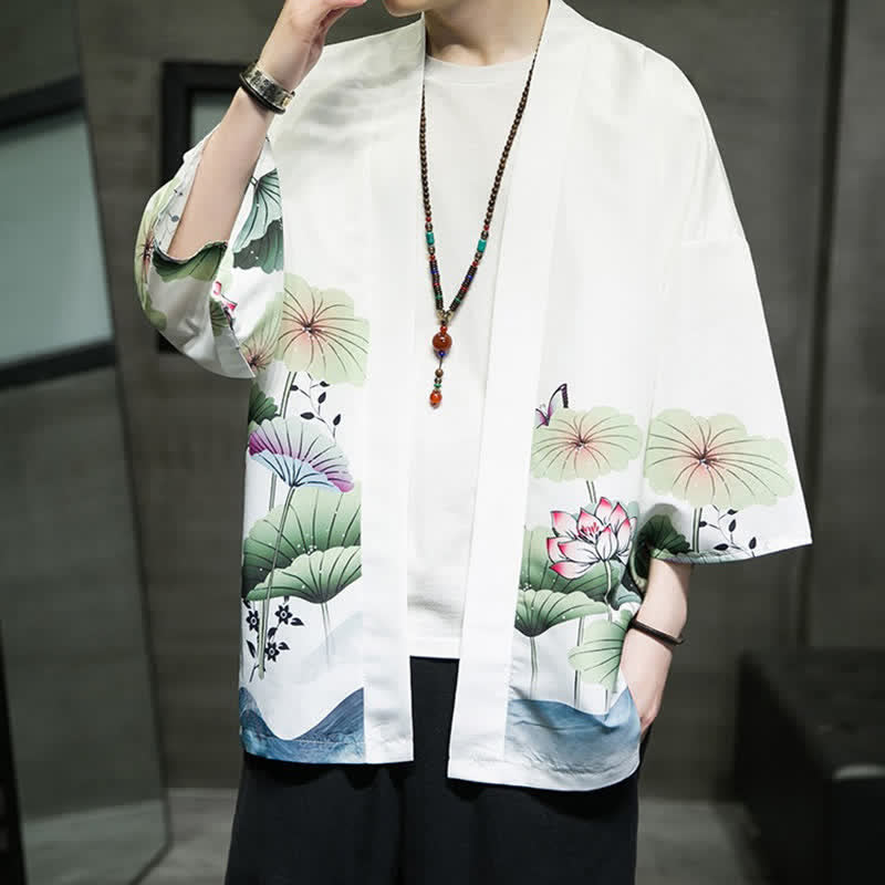 Buddha Stones Letnie, swobodne kimono męskie z nadrukiem w liście lotosu i motyle z motywem żurawia, z otwartym przodem - image 9