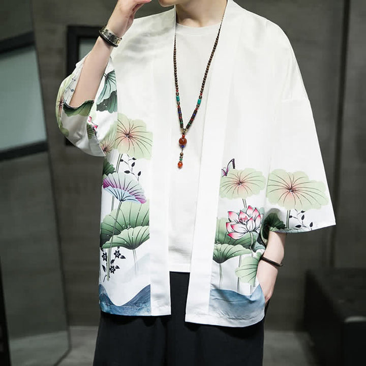 Buddha Stones Letnie, swobodne kimono męskie z nadrukiem w liście lotosu i motyle z motywem żurawia, z otwartym przodem - image 9