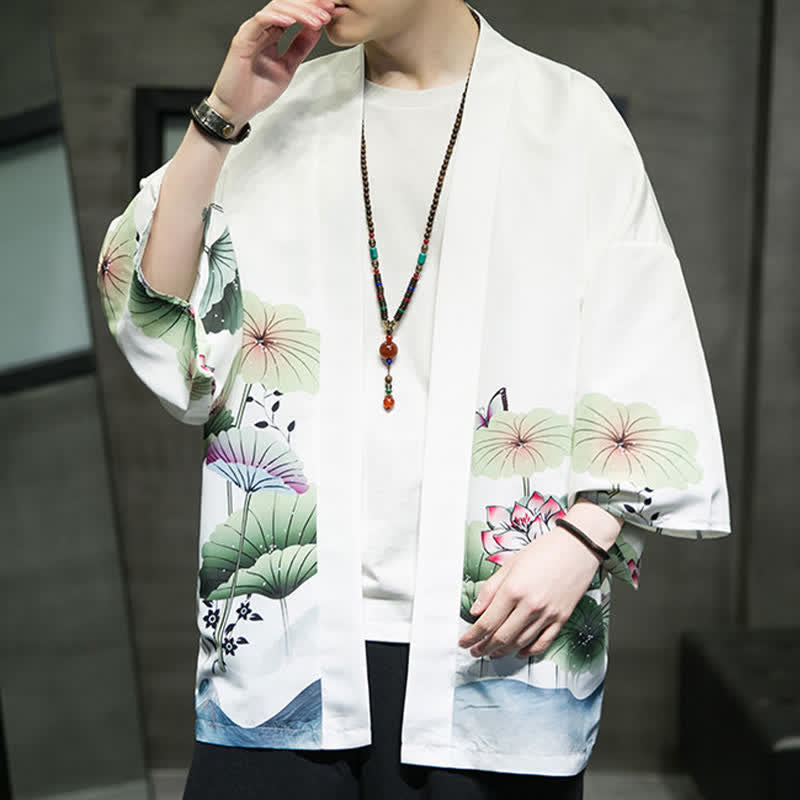 Buddha Stones Letnie, swobodne kimono męskie z nadrukiem w liście lotosu i motyle z motywem żurawia, z otwartym przodem - image 10