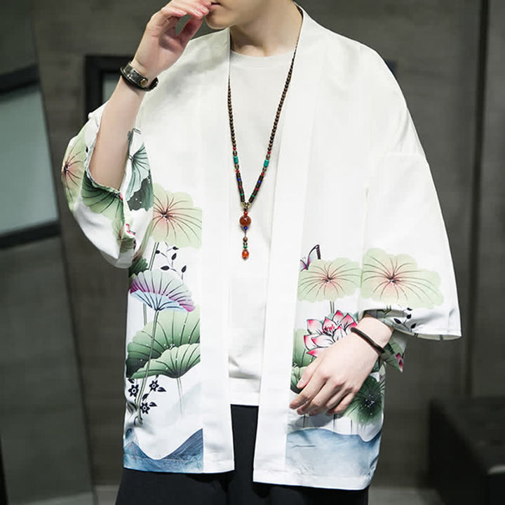 Buddha Stones Letnie, swobodne kimono męskie z nadrukiem w liście lotosu i motyle z motywem żurawia, z otwartym przodem - image 10
