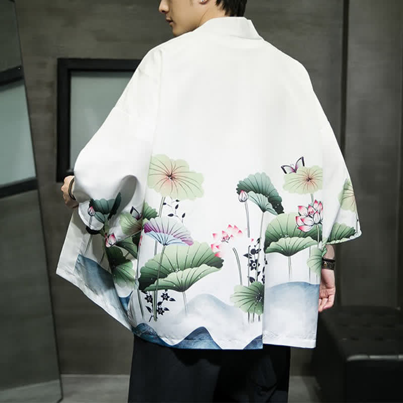 Buddha Stones Letnie, swobodne kimono męskie z nadrukiem w liście lotosu i motyle z motywem żurawia, z otwartym przodem - image 3