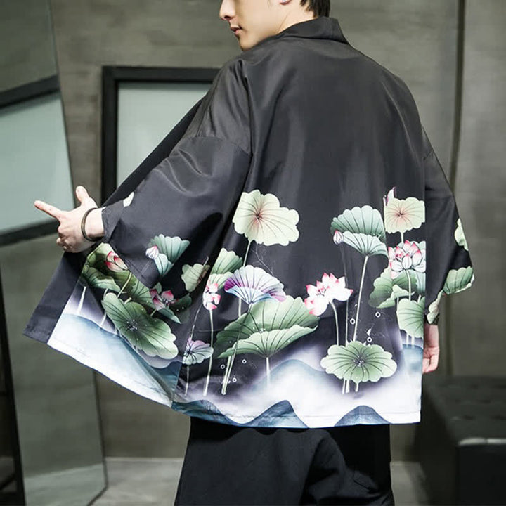 Buddha Stones Letnie, swobodne kimono męskie z nadrukiem w liście lotosu i motyle z motywem żurawia, z otwartym przodem - image 16
