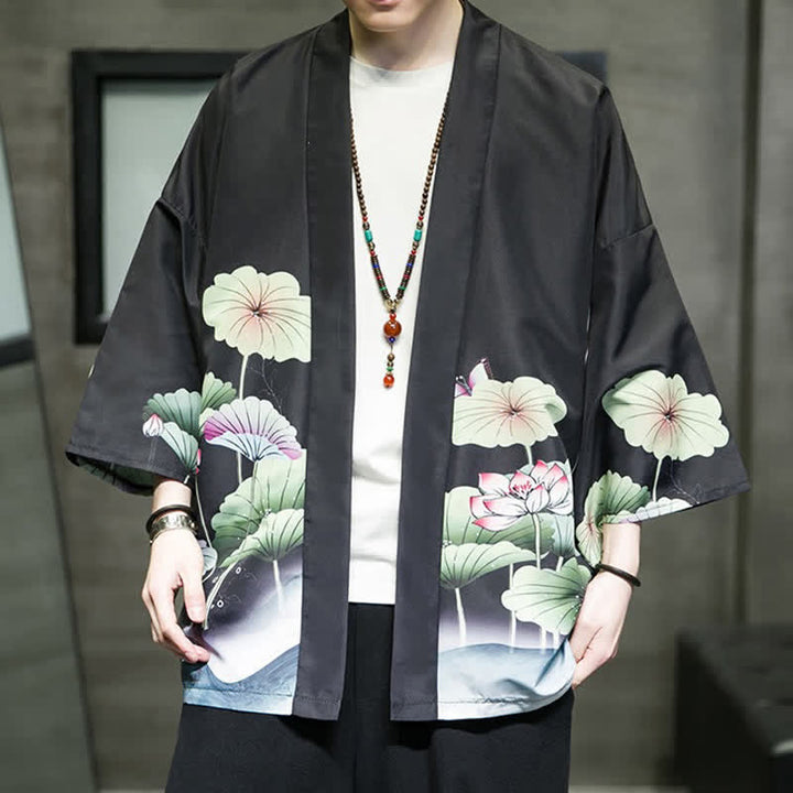 Buddha Stones Letnie, swobodne kimono męskie z nadrukiem w liście lotosu i motyle z motywem żurawia, z otwartym przodem - image 15