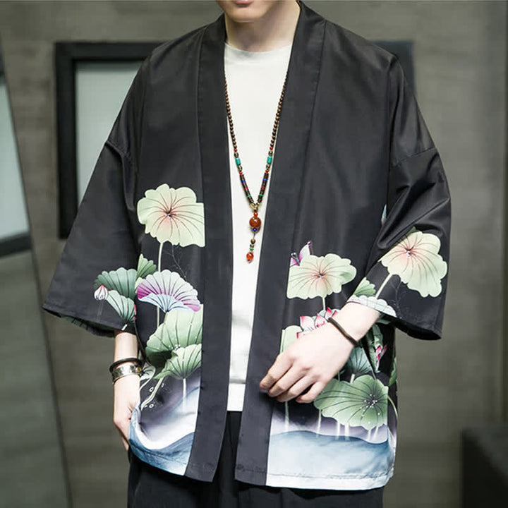 Buddha Stones Letnie, swobodne kimono męskie z nadrukiem w liście lotosu i motyle z motywem żurawia, z otwartym przodem - image 19