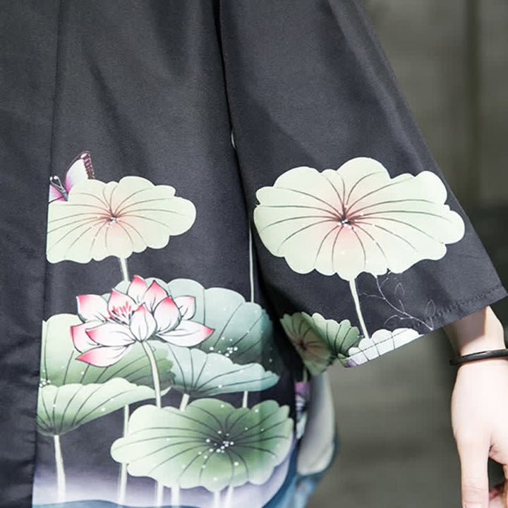 Buddha Stones Letnie, swobodne kimono męskie z nadrukiem w liście lotosu i motyle z motywem żurawia, z otwartym przodem - image 23