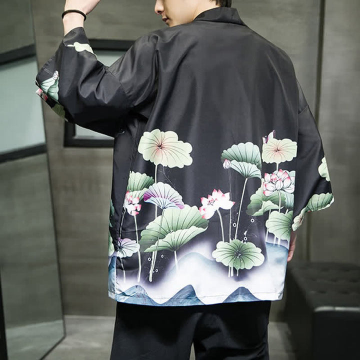 Buddha Stones Letnie, swobodne kimono męskie z nadrukiem w liście lotosu i motyle z motywem żurawia, z otwartym przodem - image 20