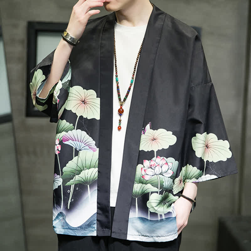 Buddha Stones Letnie, swobodne kimono męskie z nadrukiem w liście lotosu i motyle z motywem żurawia, z otwartym przodem - image 14