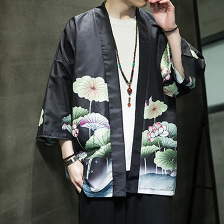 Buddha Stones Letnie, swobodne kimono męskie z nadrukiem w liście lotosu i motyle z motywem żurawia, z otwartym przodem - image 13