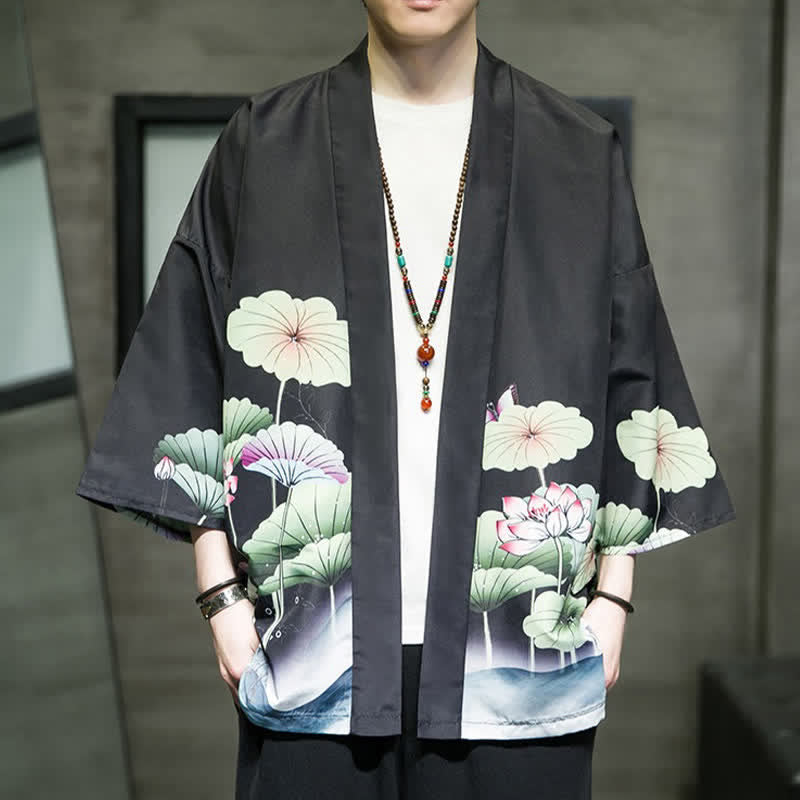 Buddha Stones Letnie, swobodne kimono męskie z nadrukiem w liście lotosu i motyle z motywem żurawia, z otwartym przodem - Czarny - US/UK/AU46， EU56 (5XL) - image 12
