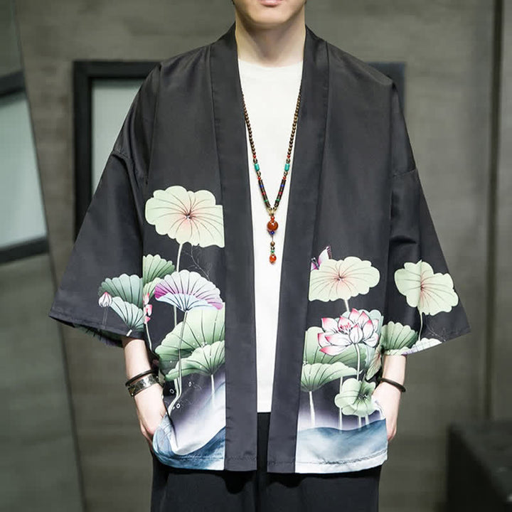 Buddha Stones Letnie, swobodne kimono męskie z nadrukiem w liście lotosu i motyle z motywem żurawia, z otwartym przodem - Czarny - US/UK/AU46， EU56 (5XL) - image 12