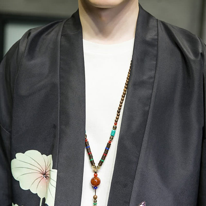 Buddha Stones Letnie, swobodne kimono męskie z nadrukiem w liście lotosu i motyle z motywem żurawia, z otwartym przodem - image 21