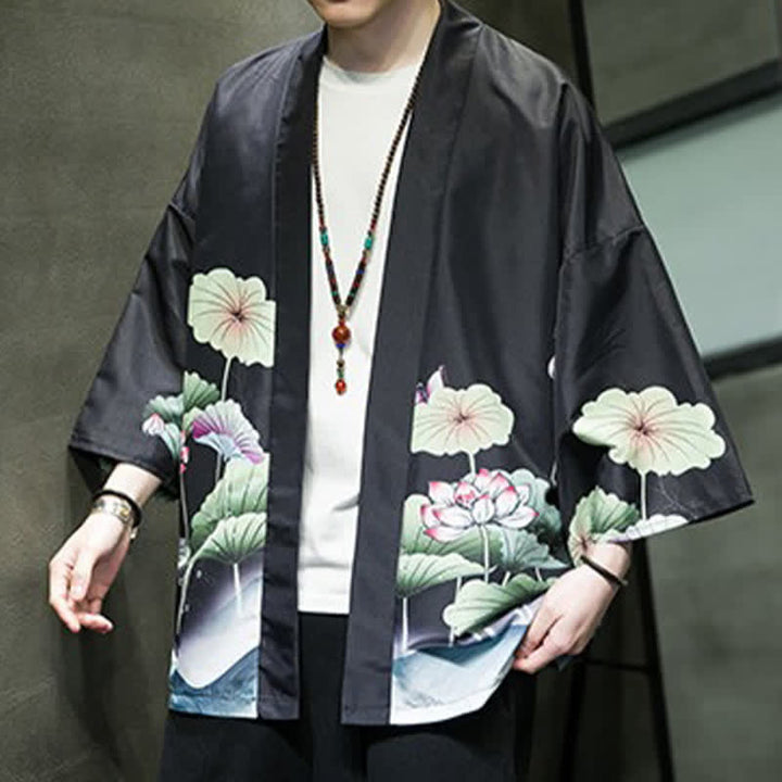 Buddha Stones Letnie, swobodne kimono męskie z nadrukiem w liście lotosu i motyle z motywem żurawia, z otwartym przodem - image 18
