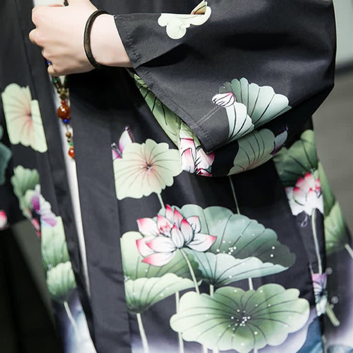 Buddha Stones Letnie, swobodne kimono męskie z nadrukiem w liście lotosu i motyle z motywem żurawia, z otwartym przodem - image 22