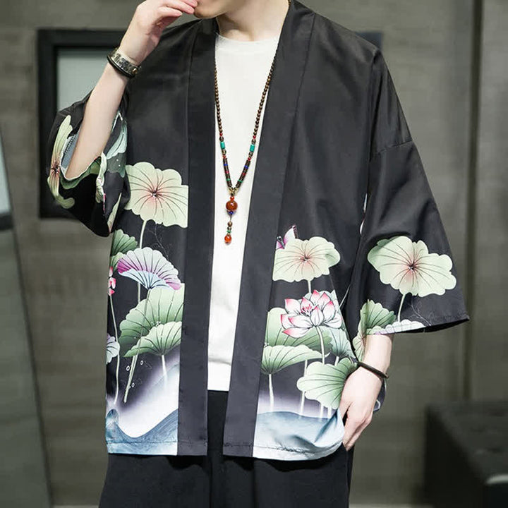 Buddha Stones Letnie, swobodne kimono męskie z nadrukiem w liście lotosu i motyle z motywem żurawia, z otwartym przodem - image 17