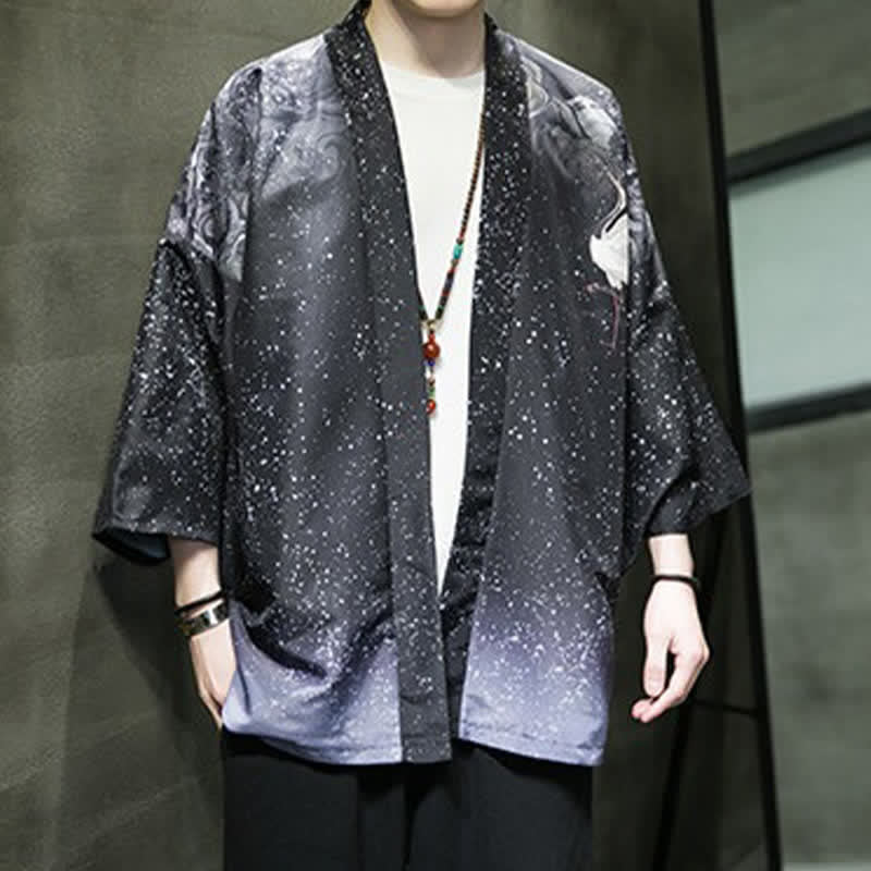 Buddha Stones Letnie, swobodne kimono męskie z nadrukiem w liście lotosu i motyle z motywem żurawia, z otwartym przodem - image 28
